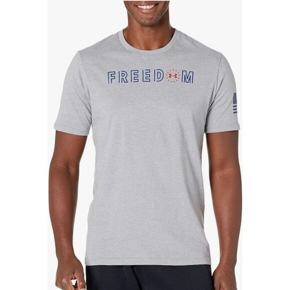 Under Armour Freedom Flag T-Shirt LG Gray Blue Heatgear Sporty Patriotic Logo - Picture 1 of 8